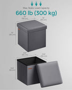 SONGMICS Mazie Collection - 15 Inches Ottoman with Storage, Footstool, Storage Ottoman, Load 660 lb, for Dorm, Living Room, Bedroom, Synthetic Leather, Dark Gray ULSF010G01
