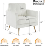 VINGLI Upholstered Living Room Chairs White Accent Chair Fluffy Teddy Fabric Mid Century Modern Sofa Chairs with Arms, Gold Legs for Reading, Bedroom, Waiting Room