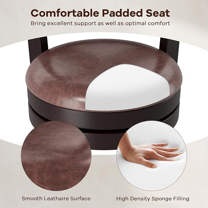 COSTWAY Bar Stools Set of 4, 26" Swivel Counter Height Bar Chairs with Copper Nails, Upholstered Seat, X-Shaped Backrest, Solid Rubber Wood Frame, for Kitchen Island Pub Bar