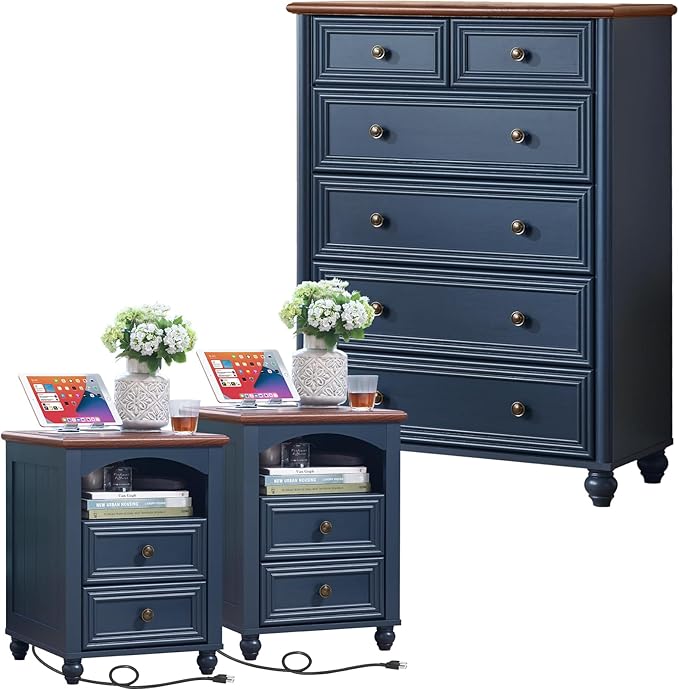 Dressers and Night Stand Set of 3, Wood 43.5" Tall Dresser and 18" Wide with Charging Station Chest of Drawers, Roman Column Nightstand Set of 2, Bedroom Furniture Dresser Suites for Home Living Room