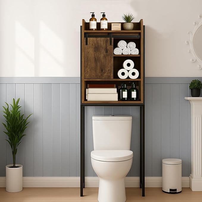 Over The Toilet Storage Cabinet, Behind Toilet Bathroom Organizer with Adjustable Shelves, Above Toilet Organizers with Barn Door, Space Saver for Restroom, Bathroom, Laundry, Rustic