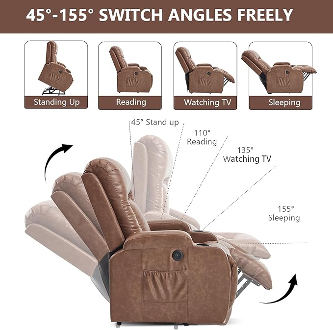 PELUMY Manual Lift Recliner Chair for Elderly with Massage & Heat, Oversized Heavy Duty 350 lbs Recliner with Cup Holders & USB Ports, Infinite Positioning Lift Chair (Breathable Leather, Brown)
