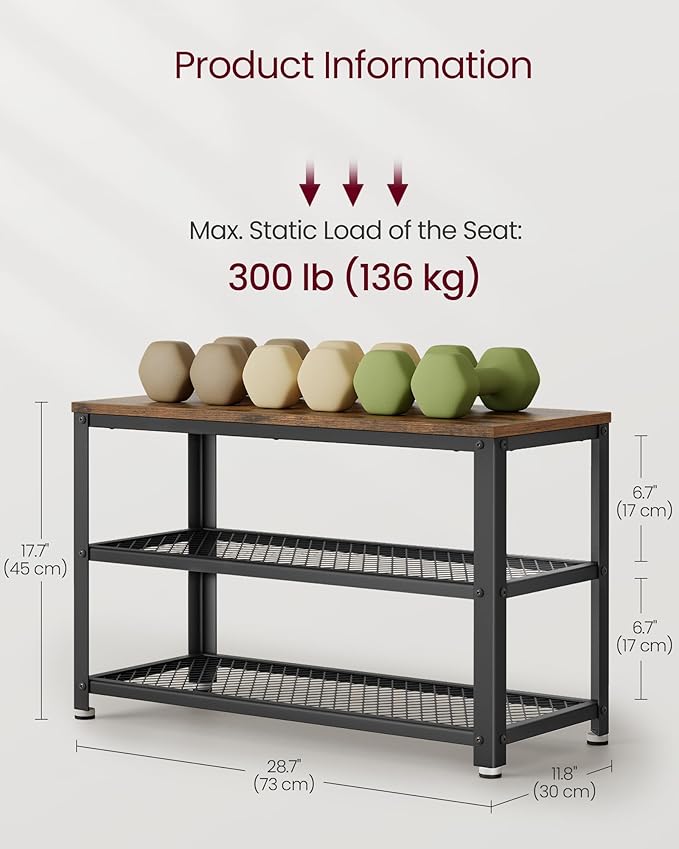 VASAGLE 3-Tier Shoe Rack, Shelf Storage Bench with Metal Mesh Shelves and Seat, Free Standing Shoe Organizer for Entryway, 11.8 x 28.7 x 17.7 Inches, Rustic Brown and Black ULBS73X