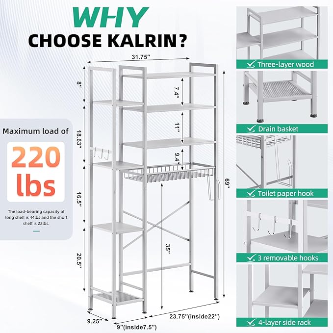 8-Tier Over The Toilet Storage with Side Rack, Over Toilet Storage Rack with Adjustable Shelf & Drain Basket, Freestanding Bathroom Organizer for Balcony, Laundry (Pure White)