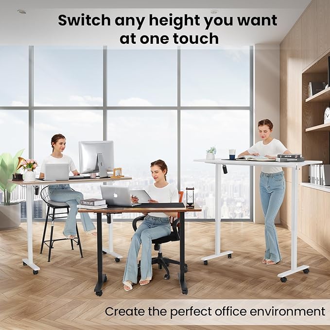 farexon Electric Standing Desk Adjustable Height, 63x24 Inches Computer Desk with Rolling Wheels, Dual-Beam Frame,Mouse Pad,Spliced Table Tops,Multifunctional Stand up Desk for Home/Office(Oak Gray)