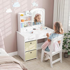 GLACER Kids Vanity Table and Chair Set, Princess Makeup Vanity Desk with 5 Drawers, Open Shelves, Mirror, 2-Color LED Lights, Wooden Toddler Vanity, Pretend Play Vanity Set for Little Girls (White)