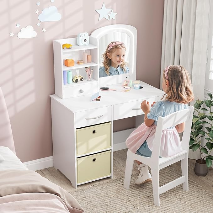 GLACER Kids Vanity Table and Chair Set, Princess Makeup Vanity Desk with 5 Drawers, Open Shelves, Mirror, 2-Color LED Lights, Wooden Toddler Vanity, Pretend Play Vanity Set for Little Girls (White)
