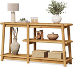 LITTLE TREE Solid Wood Console Table, 63-Inch Farmhouse Sofa Table Behind Couch, 3-Tier Entryway Table with Storage, for Living Room, Hallway in Warm Wood Color