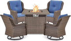 Outdoor Patio Swivel Gliders with Fire Pit Table 5 Piece Set - High Back Brown Wicker Rattan Rocking Chair with Thick Cushion for Porch Apartment Deck Yard Poolside Garden - Navy Blue
