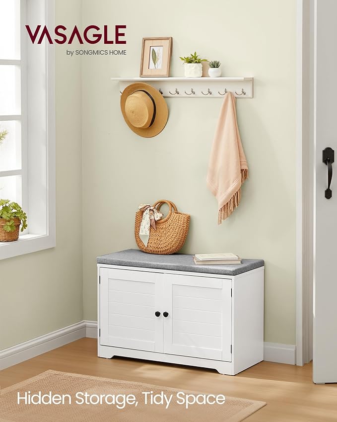VASAGLE Shoe Storage Bench with Cushion, 3-Tier Entryway Bench with Padded Seat, Doors, Adjustable Shelves, 14 x 31.9 x 20.7 Inches, for Hallway, Bedroom, Cloud White and Dove Gray ULSB034W01