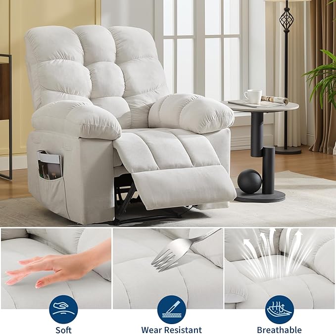 Recliner Rocking Chair with Massage and Heat, Wide Overstuffed Ergonomic Fabric Recliner with Breathable Upholstery, 2 Side Pockets & Remote Control for Living Room or Bedroom