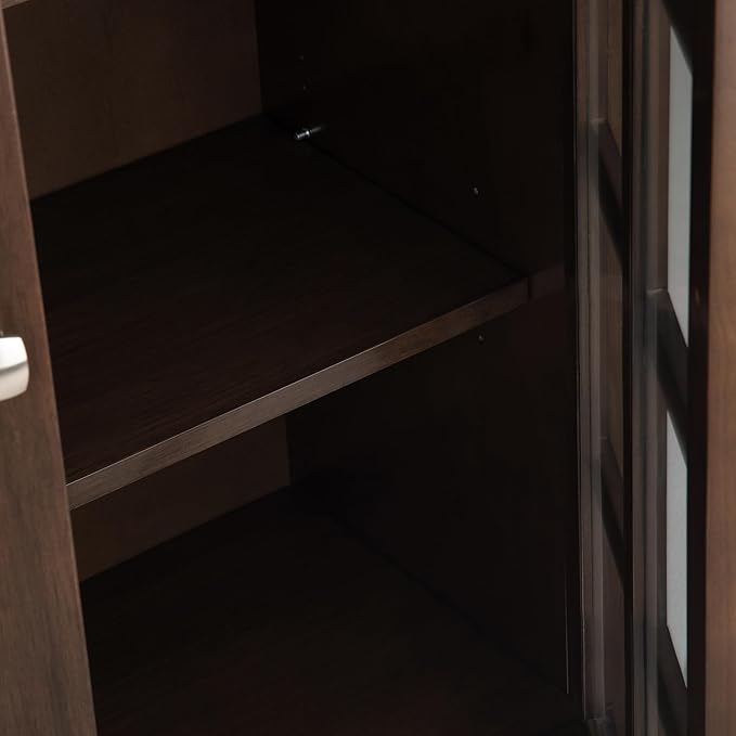 SIMPLIHOME Acadian Storage Cabinet - 39 inch Wide Solid Wood 4-Shelf Display Cabinet in Natural Aged Brown, Transitional Cupboard for Living Room or Dining Room with Glass Doors and Adjustable Shelves