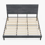 WLIVE King Size Upholstered Bed Frame, Velvet Square Tufted Headboard, Sturdy Metal & Wooden Slats Support, No Box Spring Needed, Light Grey