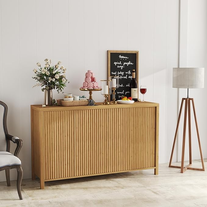 YOUDENOVA Fluted Buffet Cabinet with Storage, Modern Sideboard Cabinets with 4 Doors & Adjustable Shelves, Accent 56” Credenza Storage Cabinet, Wood Entryway Cabinet for Living Room Hallway, Natural