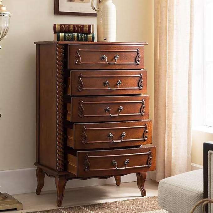 Fully Assembled Solid Wood 5 Drawer Dresser for Bedroom Tall Chest of Drawers Wood Storage Dresser with Metal Handle for Living Room Hallway Entryway, 15.74" D x 24" W x 37.4" H, Walnut
