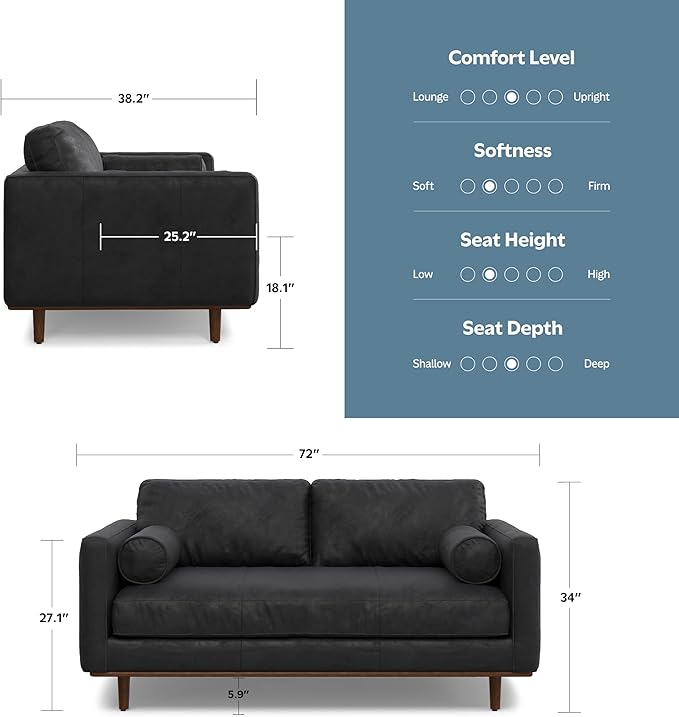 SIMPLIHOME Morrison 72-inch Wide Sofa in Lead Black Genuine Leather, Mid-Century Modern-Style Loveseat for Living Room, Single Bench Cushion, Removable Back Cushions, 2 Bolster Pillows