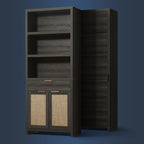 Hampstead Bookcase, Rattan Bookcase with Doors Cabinet and Drawer, 5-Tier Bookshelf, Large Wooden Book Case, Tall Bookshelves for Library Living Room (Midnight Oak, 3 Pieces)