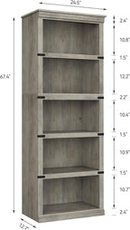 IDEALHOUSE 5 Tier Bookcase, Farmhouse Book Shelf with Storage, Tall Book Case Wooden 5 Shelf Bookcase for Home Office, Living Room, Bed Room (Grey, 67.4" H x 24.6" W x 12.8" D)