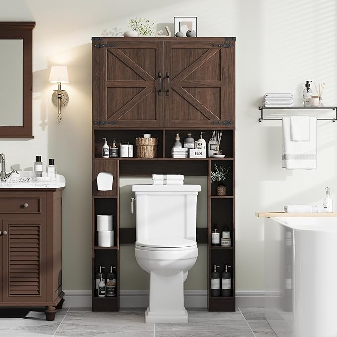 Vabches Over The Toilet Storage Cabinet, Farmhouse Storage Cabinet Over Toilet with 2 Barn Doors ，Toilet Paper Holder Stand，Home Space-Saving Toilet Rack, for Laundry, Restroom, Bathroom.Espresso.