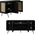 NTC MOSSIC Modern Sideboard with 4 Doors, Natural Rattan Storage Cabinet, Buffet with Metal Legs, Boho Accent Cabinet for Living Room, and Entryway, Effortless Assembly - Burnt Black