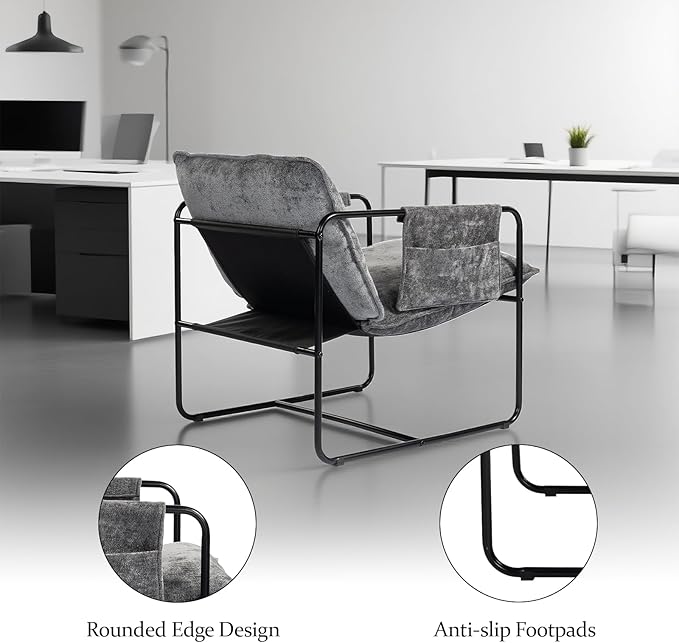 Modern Accent Chair Set of 2 Comfortable Living Room Chairs with Armrests, Bedroom Reading Chair, Chenille Upholstered Lounge Metal Chair