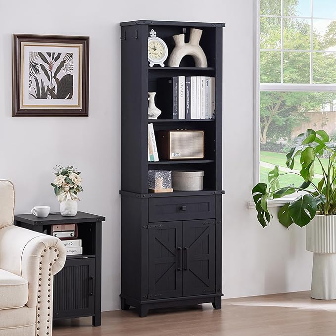 72in Tall Bookshelf 7 Tier Bookcase with Drawer and Barn Doors and Adjustable Shelves, Black Farmhouse Book Shelf with Storage Cabinet, Wood Freestanding Display Bookshelves for Kitchen (2PCS)