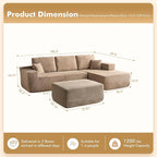 106" Cloud Sectional Couch with L-Shape Chaise & Ottoman, No Assembly Modular Sofa, Deep Seat Corduroy Boneless Couched for Living Room (Camel Stripe Corduroy, Right Facing Chaise with Ottoman)