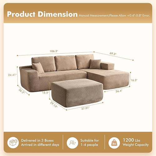 106" Cloud Sectional Couch with L-Shape Chaise & Ottoman, No Assembly Modular Sofa, Deep Seat Corduroy Boneless Couched for Living Room (Camel Stripe Corduroy, Right Facing Chaise with Ottoman)