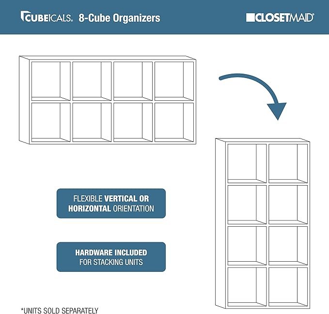 ClosetMaid Cubeicals 8 Cube Storage Shelf Organizer Bookshelf Stackable, Vertical or Horizontal, Easy Assembly, Wood, White