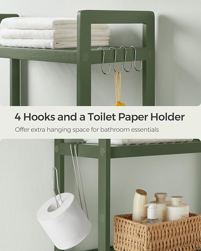 SONGMICS Over The Toilet Storage, 3-Tier Over Toilet Bathroom Organizer with Adjustable Shelf, 10.2 x 24.8 x 66.9 Inches, Space-Saving, Forest Green UBTS001C01
