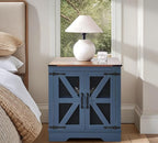 White Farmhouse End Table Set of 2, 24" Wood Sofa Side Table with Charging Station, Nightstand with Mesh Barn Door for Living Room, Square