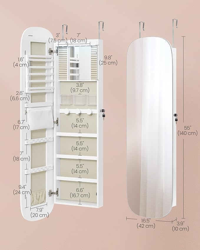 SONGMICS Jewelry Organizer, LED Jewelry Cabinet Wall/Door Mounted, Lockable Rounded Wide Mirror with Storage, Christmas Gift, 3.9 x 16.5 x 55 Inches, White Surface with Greige Lining