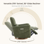 CHITA Power Nursery Rocking Chair, Swivel Glider Recliner Chair with Solid Wood Base, Bulit-in USB & Type-C Charging Ports for Living Room, FSC Certified, Moss Green
