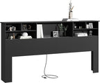 King Size Headboard only for Bedroom, Stylish King Bookcase Headboard with Built-in Charging Station & 2 LED Lights, Noise-Free Wood HeadBoard with Storage, Bookshelf Headboards Black