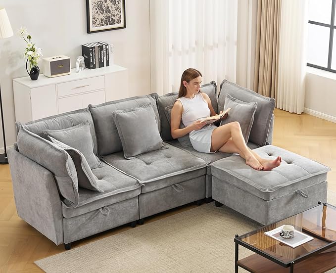 103" Modular Sectional Sofa, L-Shaped Corduroy Comfy Sectional Couches for Living Room, 3-Seater Cloud Couches with 1 Ottoman, Modern Deep Seat Sofa with Large Storage, Grey