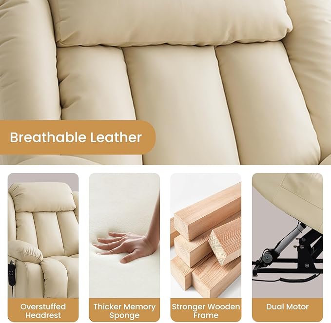 TEKAMON Power Lift Recliner Chair for Elderly with Heat & Massage, Dual Motor Breathable Leather Recliner, Lay Flat Sleeping Chairs with Infinite Position, Remote Control & USB Type-c Ports(Beige)