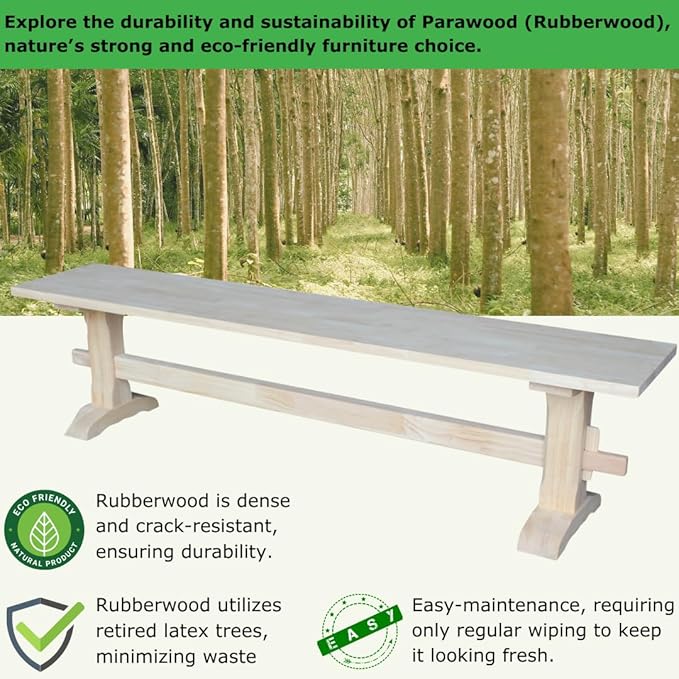 Solid Parawood Trestle Bench Unfinished 72", Kitchen/Dining Furniture, Sturdy & Reliable, Paint or Stain in Any Color, 450 lb Capacity, Entryway, Living Room, Family Room, Breakfast Nook, Unfinished
