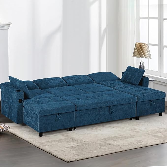 110" Sectional Pull Out Sofa Bed with Adjustable Backrests, U-Shaped Sleeper Sofa with USB Ports, Upholstered Reversible Couch with Cup Holder & Storage Space for Living Room, House, Blue