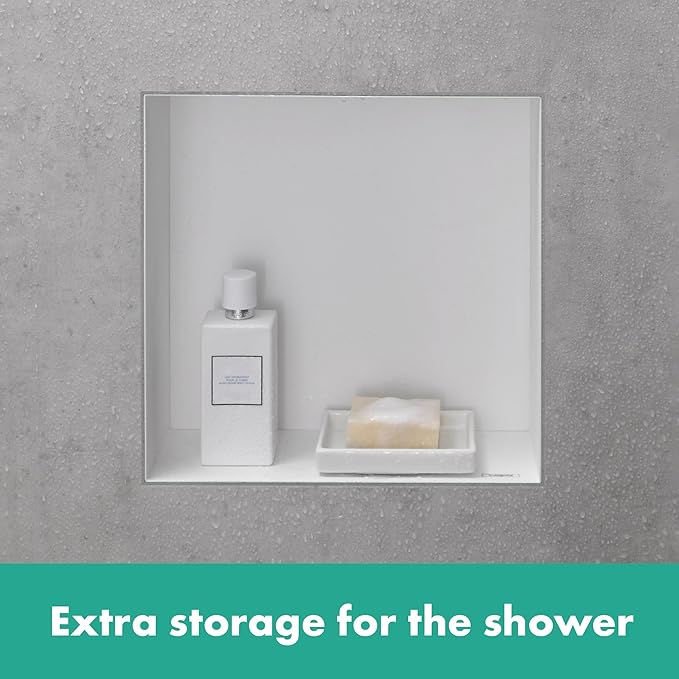 hansgrohe XtraStoris Minimalistic Recessed Wall Niche with Open Frame 12"x 12"x 4" in Brushed Stainless Steel, 56073800