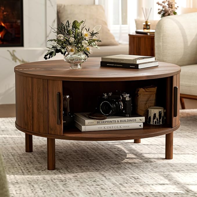 Coffee Table for Living Room, Modern Round Coffee Table with Cabinets & Sliding Doors, Home Small Space, 29.9" Fluted Center Table, Walnut