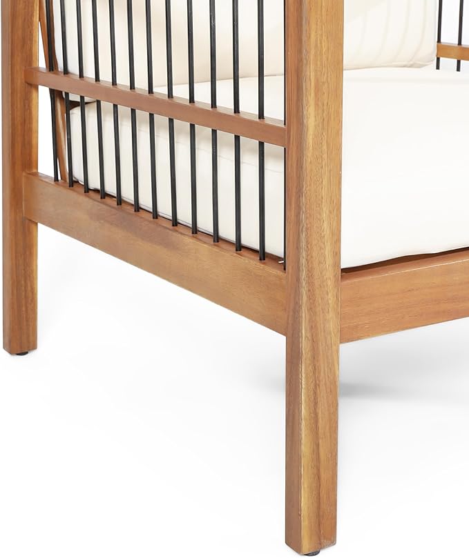 Christopher Knight Home Elias Outdoor Acacia Wood and Iron Club Chair with Cushions, Teak, Black, Beige