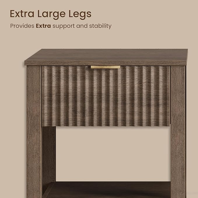 Fluted Night Stand with Golden Handle,Set of 2 Mid-Century Nightstands with Drawer,Bedside Table with Storage Shelf,Large End Tables for Livingroom,Bed Side Tables for Bedroom,Walnut