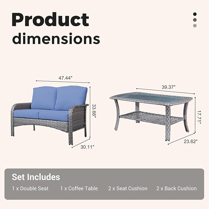 2 Pieces Wicker Patio Furniture Loveseat with Table - Outdoor Rattan Patio Bistro Set of 2,All-Weather PE Wicker Conversation Sofa High Back Deep Seating for Deck Porch Yard,Blue