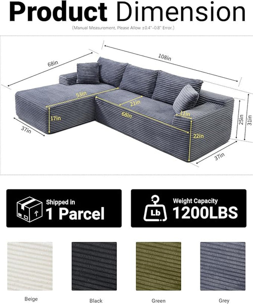 108 Inch Cloud Sectional Couch,Modern Modular Sectional Sofa with Deep Seat,Corduroy Boneless Couches with L-Shape Chaise for Living Room,No Assembly Required (Grey, Left Facing Chaise)