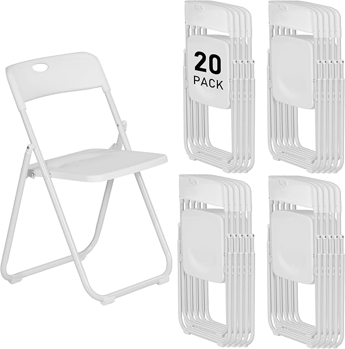 20 Pack White Plastic Folding Chairs, Indoor Outdoor Portable Stackable Commercial Seats with Steel Frame for Home Office Wedding Party Events Kitchen Dining, 350lb Capacity