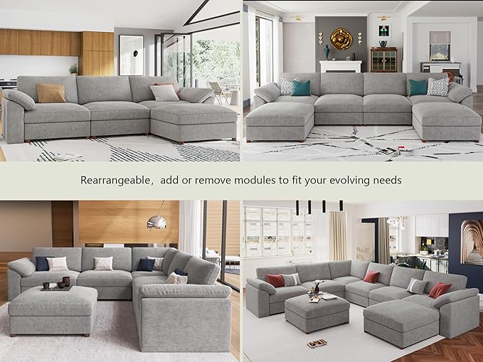 EASE MOOSE Sectional Modular Sofa, Oversized U Shape Sectional Couch Wide Deep seat Sectional Sofa,FSC Certified Comfortable Chenille White Modular Sofa,Detachable and Washable
