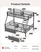 Bunk Beds Twin Over Full Size, Heavy Duty Bunk Beds with 2 Storage Drawers, Safety Guardrails & Padded Ladder, Twin Over Full Bunk Bed, No Box Spring Needed, Black