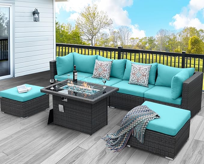 NICESOUL 29.3'' High-Back Outdoor Patio Furniture Set with Firepit Propane & Natural Gas, Oversized Deep Seat Rattan Conversations for Tall People, 7 Piece Couches, 2 Color Cushions Turquoise & Grey