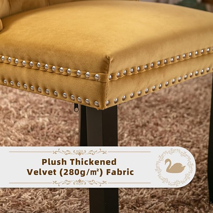 Velvet Upholstered Dining Chairs Set of 2, Modern Style Kitchen Side Chairs with Nailhead Trim and Wood Legs,Metal Pulling Ring for Dining Room Living Room(Gold)