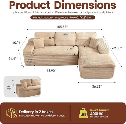 106" Oversized Couch Sofa, L Shape Couches for Living Room, No Assembly Required Corduroy Sectional Sofas with Right Facing Chaise for Home Apartment